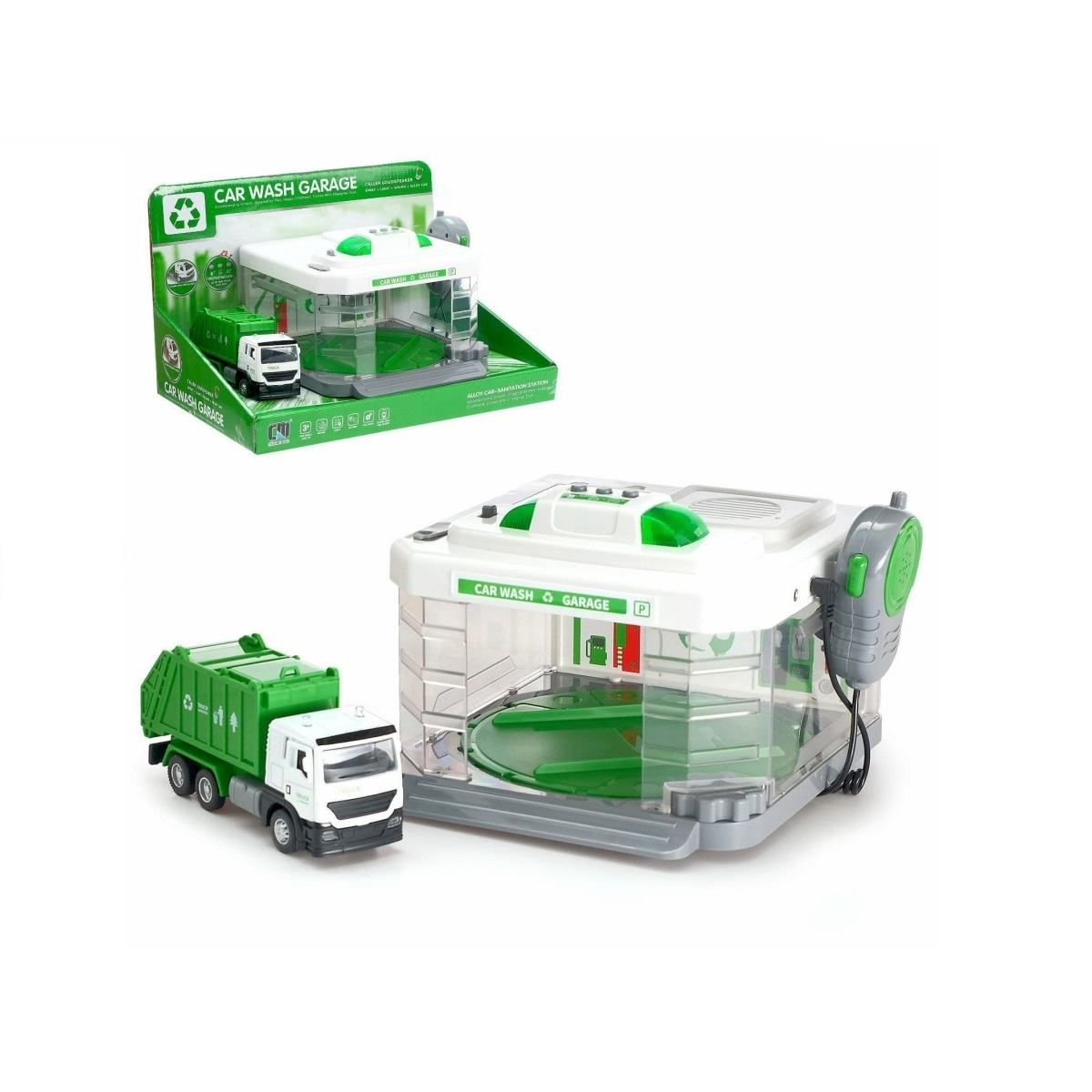 Игровой набор "Автомойка-парковка" с грузовой машиной мусоровоз, со световыми и звуковыми эффектами и водой (CLM-887)