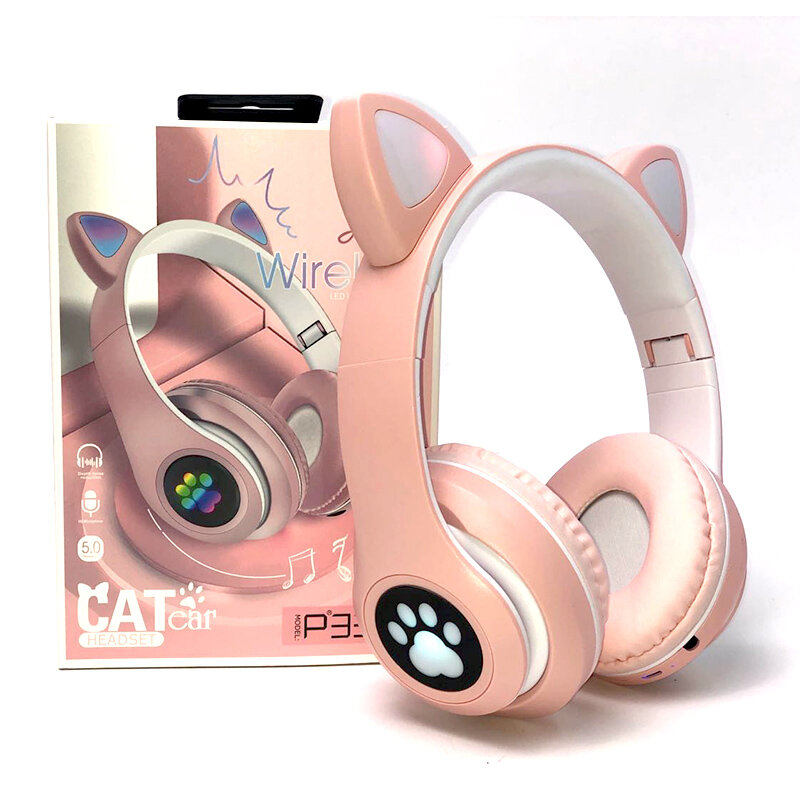 Беспроводные наушники со светящимися ушками Cat Ear P33M с Bluetooth, MP3, FM, AUX, Mic, LED (розовый)
