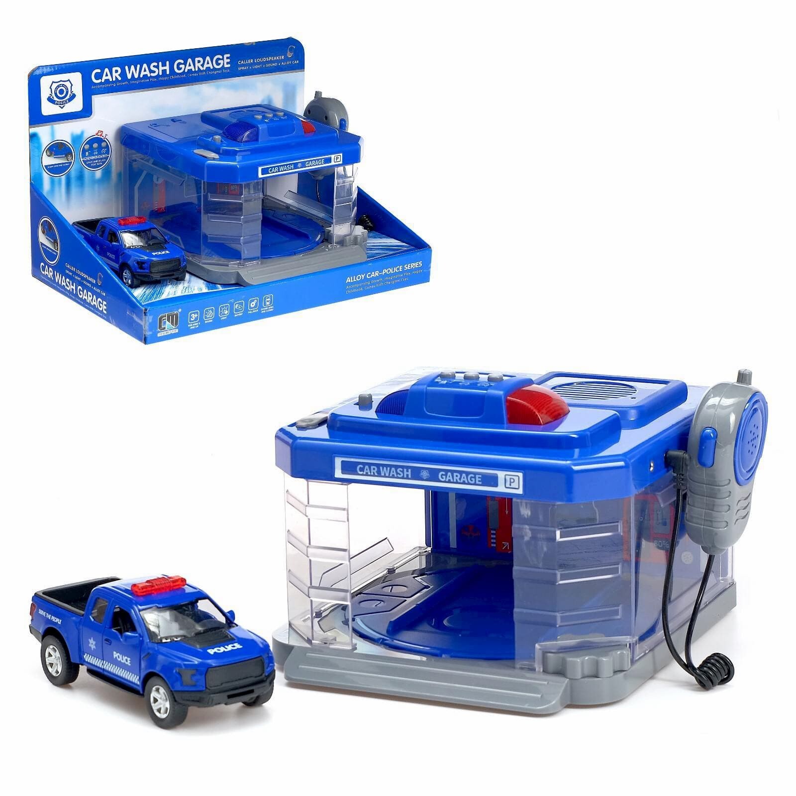 Игровой набор "Автомойка-парковка" полицейский гараж с машинкой и рацией, поливает водой, световые и звуковые эффекты (CLM-888)
