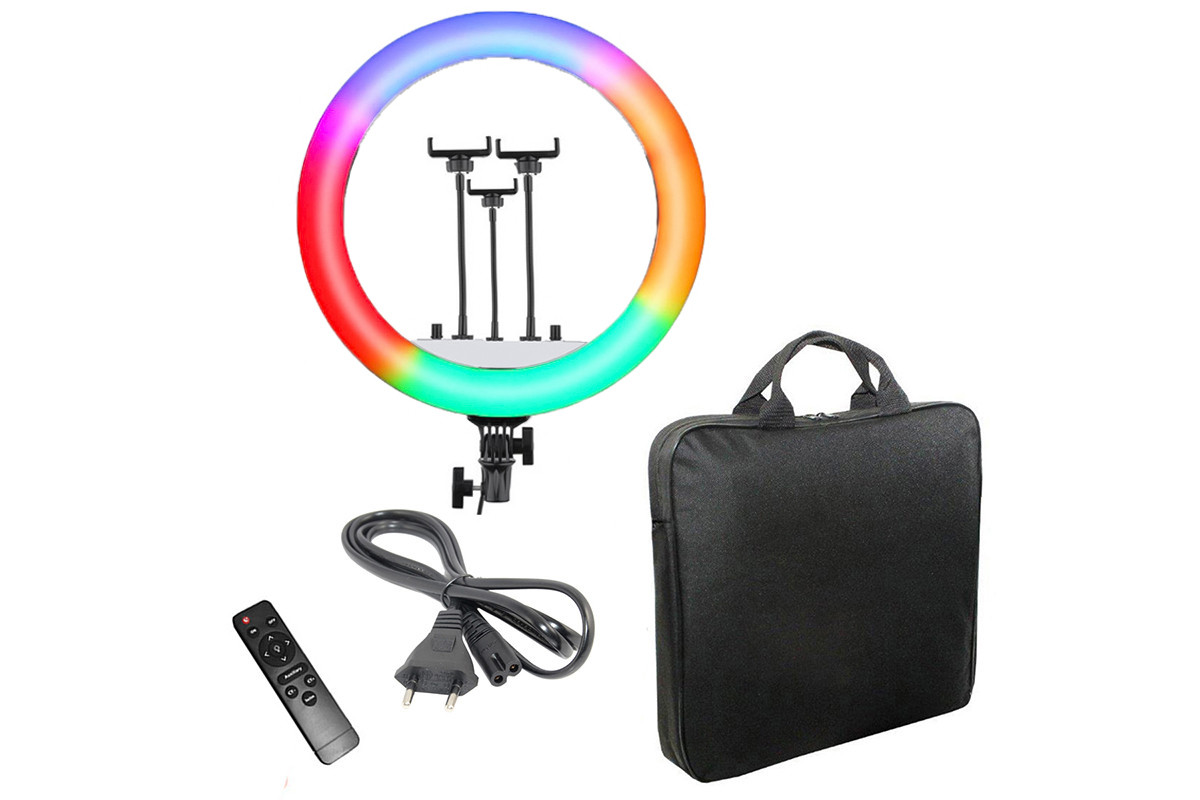 Цветная кольцевая селфи-лампа RL-18 RGB с держателем, пультом, штативом и сумкой, диаметр 45 см